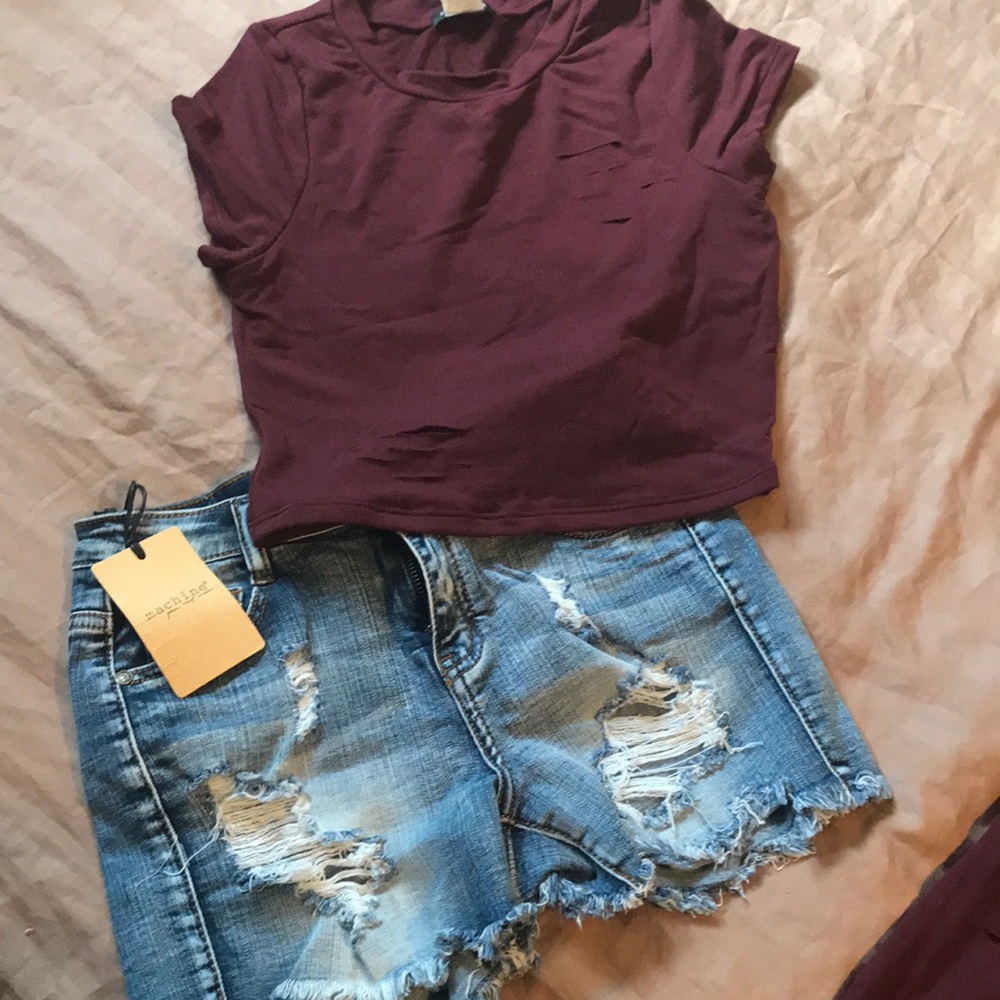 Distressed denim shorts